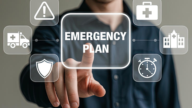 Man behind clear screen pointing to various emergency preparedness-related icons